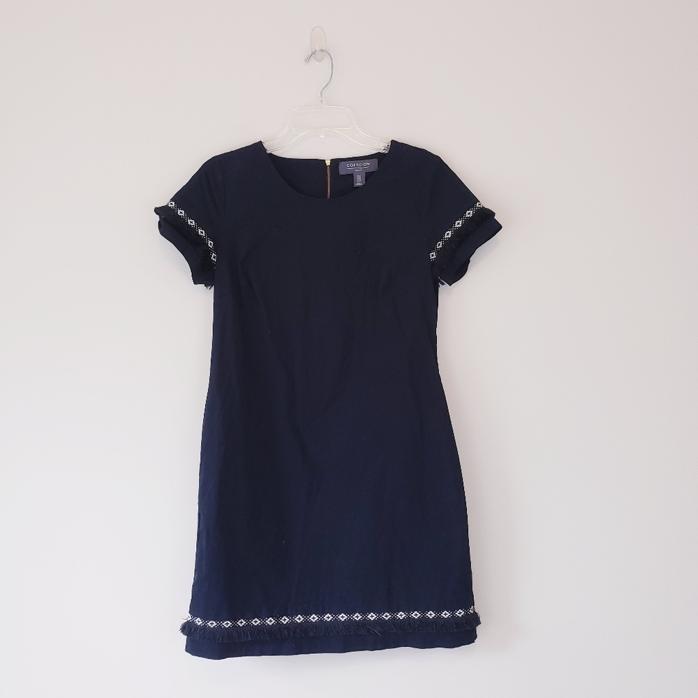Coercion London Black Short Sleeve Dress Fringe Sleeve White Trim Accent Size 2